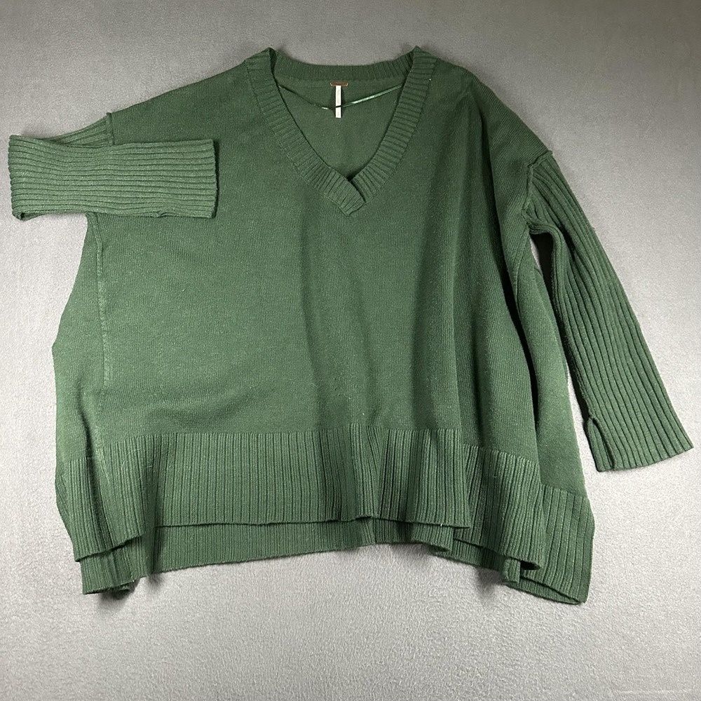 Free People Orion Tunic Sweater Womens Small Green V Neck Ribbed Hem OB1721246